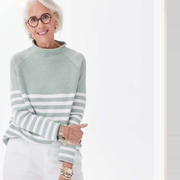Alice Walk Cotton Mock Neck Striped Sweater Green White S - Picture 1 of 16